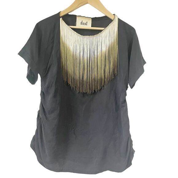 DUST Black Silk Blouse Ruched Roughed Side Hems Fringe Neckline - Picture 1 of 4
